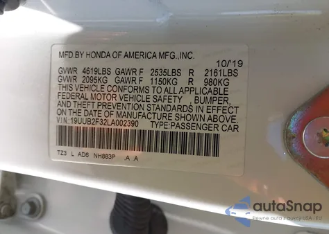 2020 Acura Tlx Standard из США, поврежденный, VIN 19UUB2F32LA002390